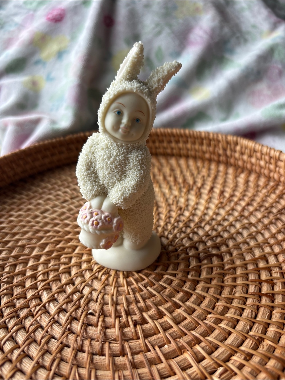 Department 56 Ivory Bunny Figurine with Pink Floral Basket